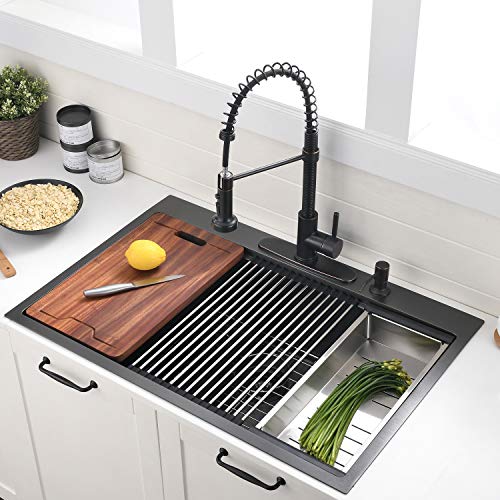 33 Inch Black Drop In Kitchen Sink Workstation - VOKIM 33x22-Inch Drop In Sink Stainless Steel Top Mount 16 Gauge Single Bowl 10'' Deep Handmade Kitchen sink with Cutting Board& Strainer - color: Black, size: 33"L x 22"W x 10"D