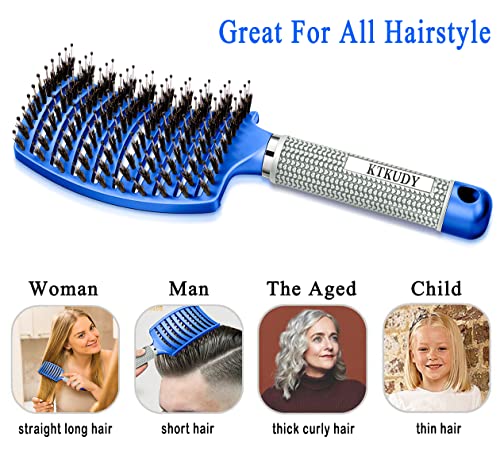 KTKUDY Detangling Brush Boar Bristles Hairbrush Make Hair Shiny & Healthier Curved and Vented Detangler Brush for Women Men Kids Wet and Dry Hair (Blue) - color: Blue