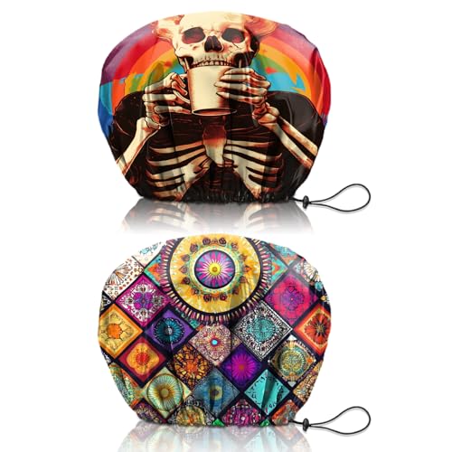 2 PCS Shower Cap Reusable Waterproof Double Layers Hair Caps Shower Bath Adjustable Elastic Hat for Women Girls Cute Aesthetic-Skeleton Mandela - color: AI8-Skeleton Mandela