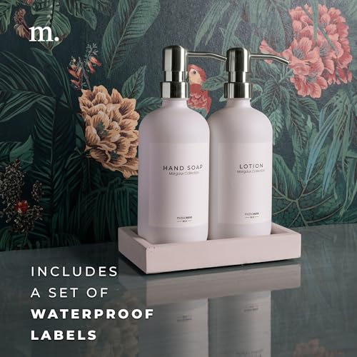 MaisoNovo Soap and Lotion Dispenser Set - Bathroom Soap Dispenser Set with White Soap Dispenser, Silver Pumps & Concrete Tray - color: White Bottles/ Silver Pumps/ White Concrete Tray