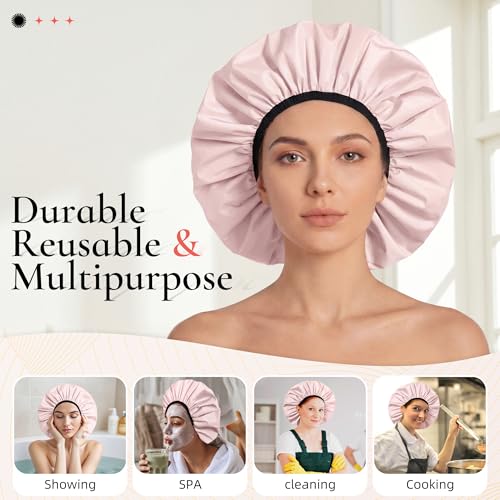 Extra Large Shower Cap for Women, Reusable Waterproof Shower Bonnet with Satin Lining, Double Layer Washable Bath Hair Cap for Braids, Locs, Long Thick Curly Hair, Natural Hair(Big Pink) - color: Pink
