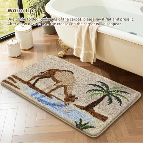 Bathroom Rug Mat, Desert Oasis Sunset Fluffy Rug with Camel & Palm Tree, Ultra Absorbent Microfiber Shaggy Door Mat, Quick Dry Bath Rug Carpet for Toilet Bathtub Bedroom 20x31 Inch - color: Beige