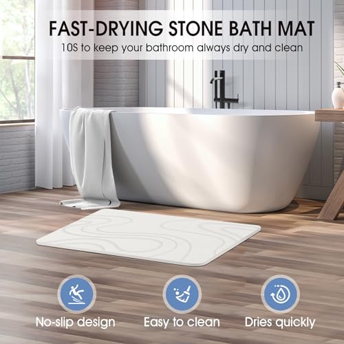 Veeloim Stone Bath Mat Diatomaceous Earth Shower Mat Non-Slip Super Absorbent Diatomite Stone Mats for Bathroom Floor/Kitchen Counter Quick Drying Natural Easy to Clean(23.6''×15.4" White) - color: Line2-white