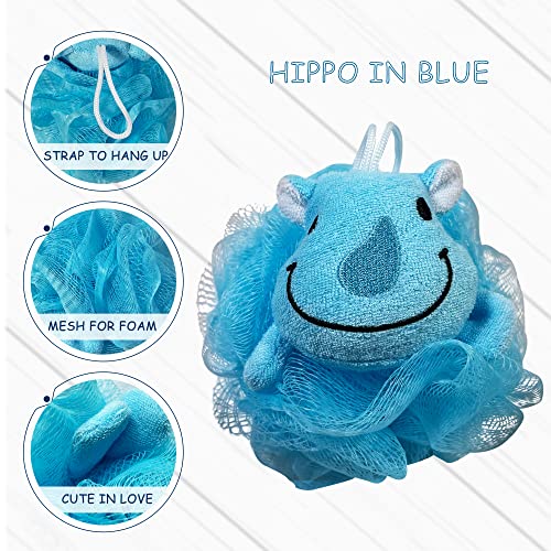 (4 Pack) Lovely Animal Design Kids Exfoliating Bath Scrubber Body Scrubber Shower Ball for Baby Toddler Kids Gentle Exfoliating Bath Sponge Loofah Pouf in Colorful Design (Joyful TERRICOLE) - style: joyful TERRICOLE
