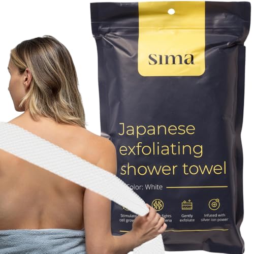 Sima Brand Exfoliating Washcloth Face & Body Scrub Towel - Japanese Exfoliating Towel with Hexagon Fibers, Body Scrubber with 2 Sides for Scrubbing & Washing, Extra Long Body Towels (White) - color: White