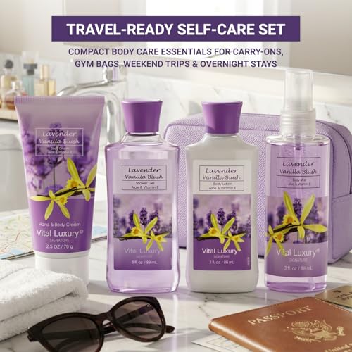 Bath and Body Spa Gift Set for Women, 4PC Lavender Vanilla Blush Self Care Travel Kit - Shower Gel, Lotion, Hand and Body Cream, & Body Mist, 3 Fl Oz Each, Pamper Gift for Mom Wife Girlfriend Sister