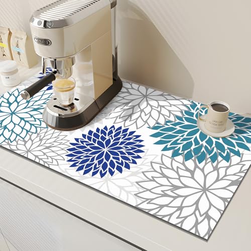 Findosom 2PCS 12" x 20" Dish Drying Mat & 24" x 5.5" Sink Splash Guard, Super Absorbent & Cuttable Dish Mat Drying Kitchen Mat with Blue Floral, Hide Stain Drying Mat for Kitchen Counter - color: Blue, size: 12" X 20" + 24" X 5.5"