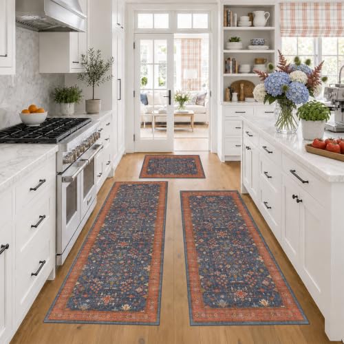 JTJ Farmhouse Kitchen Rug Set of 3 with Runner, Washable Non-Slip Low Pile Kitchen Mats, Navy Blue Vintage Distressed Floor Rugs for Sink, Laundry Room, Entryway & Hallway - color: Blue / Terracotta