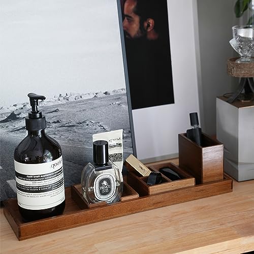Wood Vanity Tray, 6-Piece Small Bathroom Counter Organizer Wooden Decorative Trays Rectangular Perfume Jewelry Makeup Cosmetic Holder Set - Holds Small Items - color: Wood