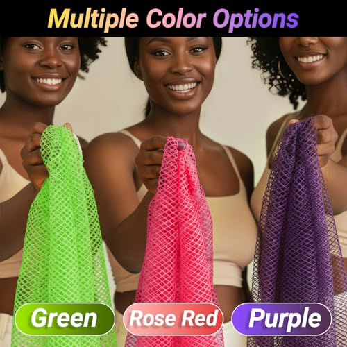 African Net Sponge Authentic 3 Pieces Gentle Exfoliating Body Scrubber Bath Sponges for All Skin Types, African Exfoliating Net Sponge with Handles Washcloth Loofah Bathing Accessories for Shower - style: Bright Green, Bright Pink, Purple