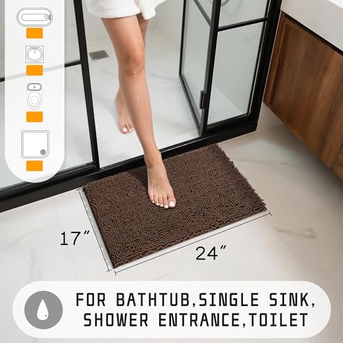 Yimobra Washable Bathroom Rugs, Super Soft & Absorbent Chenille Bath Mat for Floor & Carpet, Quick Dry Non Slip Bath Mat for Tub Shower, 24" x 17",Brown - color: Brown, size: 24" X 17"