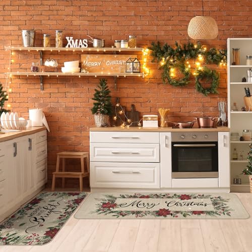 Drydiet 3 Pcs Christmas Poinsettia Kitchen Mat and Rug Non Slip Doormat Washable Waterproof Floor Mats Farmhouse Holiday Kitchen Decor for Home Floor Office Bathroom Party Rustic Decor - color: Red, style: Poinsettia