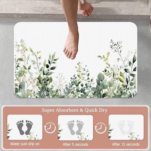 Non Slip Bath Mat, Watercolor Eucalyptus Leaves Bathroom Decor, Green Branches Diatomaceous Bath Mat Quick Dry Absorbent Bathroom Rugs-Shower Rug for Kitchen Laundry Bathtub Shower 17"x29.5" - color: Watercolor Eucalyptus Leaves, Green Branches