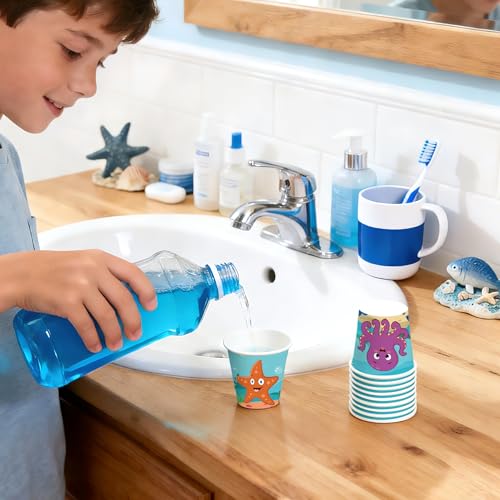 WRAPAHOLIC 3oz Paper Cups - 100 Pack Disposable Bathroom Cups with Seahorse, Dolphin, Starfish and Octopus Design, Small Mouthwash Cup for Toothbrush Rinse, Home Bathroom, Picnic, BBQ and Beach Party - color: Deep Blue Fish 4 Design