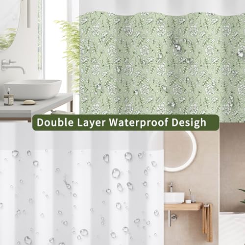 Boho Floral No Hook Shower Curtain with Snap in Liner Set 71x74 in | Sage Green Rose Girly Coquette Decorative Waterproof Fabric Shower Curtain for College Dorm Hotel Apartment Bathroom Bathtub - color: Mint Floral Vine