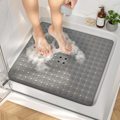 HITSLAM Shower Mat Anti Slip, Square Bath Mat for Tub Non Slip with Suction Cups and Drain Holes, 21x21 Inch Bathroom Shower Stall Floor Mat, Machine Washable, Soft on Feet, Grey - color: Grey, size: 21" x 21" (Square)