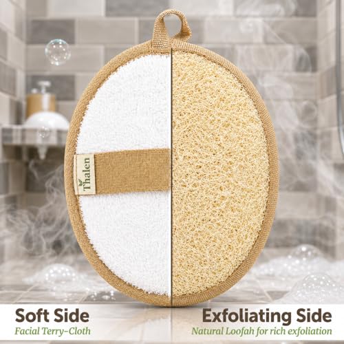 Thalen Natural Loofah Exfoliating Body Scrubber | Egyptian Loofah Sponge + Terrycloth | Shower Scrubber | Back Scrubber | Body Exfoliator | Plastic Free, No PFAS | Organic Bath Sponge – Pack of 3