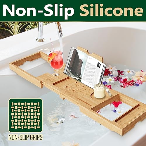 SereneLife Premium Bathtub Tray Caddy, Expandable Bath Tray, Unique House Warming Gifts, Gift for Mom, Women, New Home, Wedding, Anniversary, Bridal Shower, Universal Fit for All Tub - Natural,Folding - color: Natural, Folding