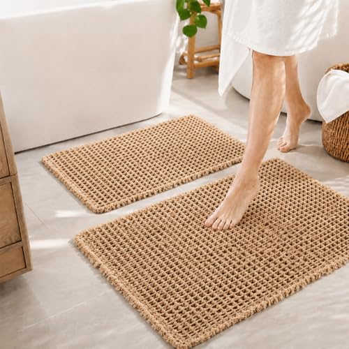 Tinideya Waffle Bath Mat Set of 2 Ultra Absorbent Non-Slip Bathroom Rugs Machine Washable Quick Dry for Shower Bathroom Kitchen Floor, Low Profile Fits Under Door, 18 x 30'' + 24 x 36''(Brown)