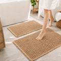 Tinideya Waffle Bath Mat Set of 2 Ultra Absorbent Non-Slip Bathroom Rugs Machine Washable Quick Dry for Shower Bathroom Kitchen Floor, Low Profile Fits Under Door, 18 x 30'' + 24 x 36''(Brown)