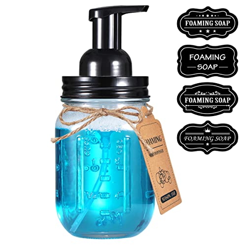 Amolliar Mason Jar Foaming Soap Dispenser, Rustproof Stainless Steel Lid,BPA Free Pump, Waterproof Labels, Rustic Farmhouse Decor, Refill Hand Soap Dispenser for Bathroom, Vanity, Kitchen, Countertop - color: Black, size: 1 Pack