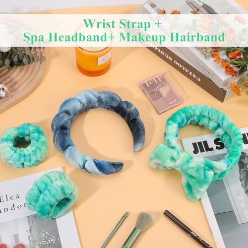 Skincare Headband and Wristband Set, Tie-dye | Soft absorbent fabric, snug head-hugging fit for face washing, skincare, makeup, masks, travel, women and teen girls - color: Tie-dye green