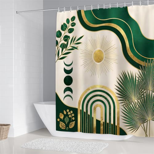 LQCOOL 4Pcs Boho Shower Curtain Set, Green Leaf Bathroom Sets, Waterproof Bathroom Sets with Shower Curtain and Rugs, Shower Curtain with 12 Hooks - color: Black Gold