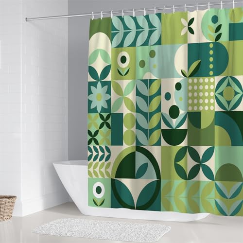 Chrainy 4Pcs Geometric Grid Shower Curtain Sets for Bathroom and Toilet Green Checkered Modern Bathroom Decor Sets with Shower Curtain and Rugs,Accessories Bath Mat,U Shape and Toilet Lid Cover - color: Green