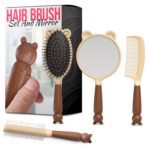 4 Pcs Hair Detangler Brush Set - Cute Combo of 3 Brush for Thick Hair and Mirror, Adorable Cat Design, Convenient Size & Ergonomic Handle | For Daily Use at Home and Travel, Suitable for Any Curl Type - color: 4 Pcs Cat Design Hair Detangler Brush Set