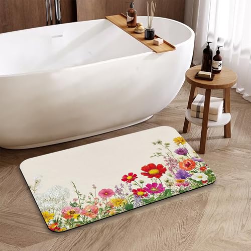 Wildflowers Plants Bathroom Rug, Rapid Dry Absorbent with Non-Slip Rubber Base Bath Mats for Bathroom 17"x30" - color: Wildflowers Plants