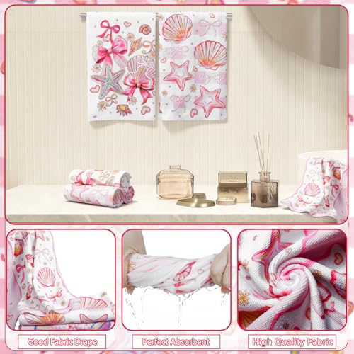 Tatuo 8 Pcs Beach Shower Curtain Set Blue Bow Ocean Summer Beach Party Bathroom Accessories Sets Coquette Starfish Coastal Waterproof Shower Curtain with Towels Carpet Bath Mat Toilet Rugs 12 Hooks - style: Pink Ocean