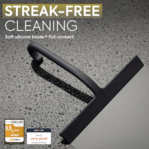 GÜTEWERK Shower Squeegee for Glass Doors – Bathroom Squeegee for Shower Glass & Tile Walls, Streak-Free & No-Squeak Silicone Blade, Stainless Steel Core, Hang Hook + Suction Cup, Black, 10 Inch - color: Black