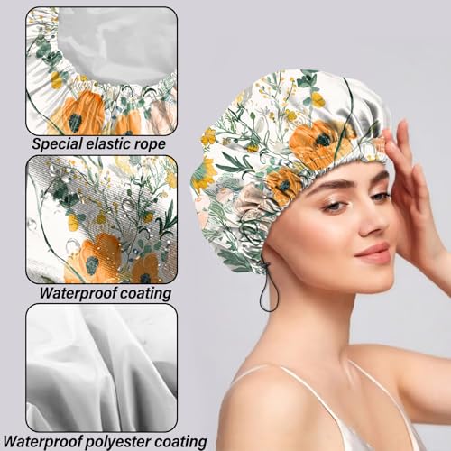 2 PCS Shower Cap Reusable Waterproof Double Layers Hair Caps Shower Bath Adjustable Elastic Hat for Women Girls Cute Aesthetic-Orange Flower - color: AI15-Orange Flower