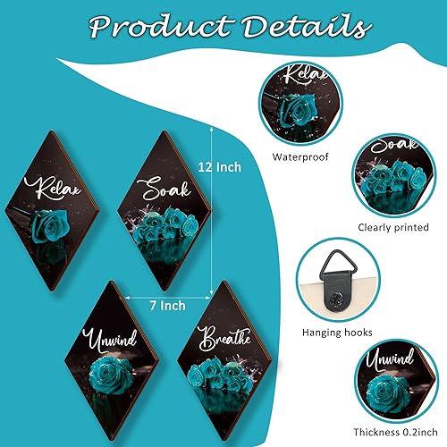 ONIZHITY Set of 4 Rose Wooden Wall Decor - Turquoise & Teal Bathroom & Office Signs (12 x 7) - Breathe, Soak, Unwind, Relax - color: Teal Rose