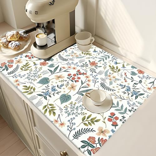 2Pcs Dish Drying Mats Faucet Mats Sets Large Size Coffee Mats Sink Faucet Mat Splash Guard for Kitchen Counter Bathroom Sink Coffee Bar Kitchen Decor (Wildflowers 1, 18"x24" 15" x 5.5"Set) - color: Wildflowers 1
