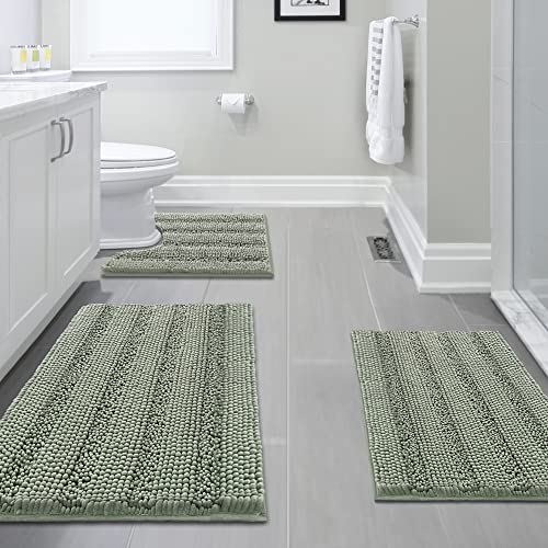 H.VERSAILTEX 3 Piece Bathroom Rugs Sets Thick Striped Bath Rugs Set for Bathroom Non Slip Soft Absorbent Bath Mat Set for Tub, Shower and Toilet(17''x24''+20''x32''+20''x24'' U-Shaped, Sage) - color: Sage