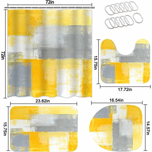 Lnond 4Pcs Yllow Bathroom Shower Curtain Sets with Rugs, Yellow Grey Abstract Painting Bathroom Sets with Shower Curtain and Rugs and Accessories - color: Yellow-01