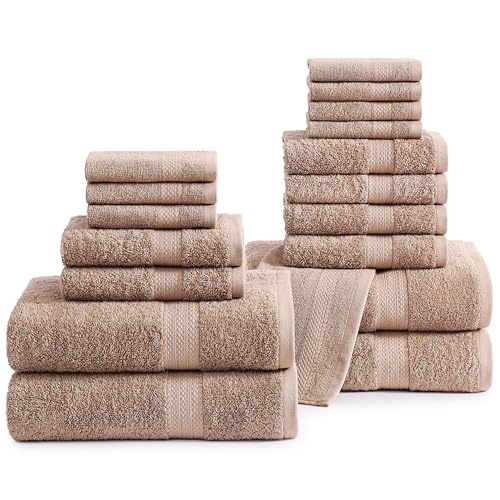 LANE LINEN 18 Piece Cotton Towel Set - Soft, Absorbent & Perfect Family Set - 4 Bath, 8 Washcloths, 6 Hand Towels for Bathroom - Ideal for Home, Spa & Gym - Quality You Can Trust - Taupe - color: 05: Taupe, size: 18 Piece Towel Set