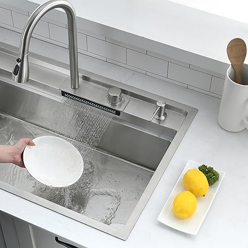 33 Inch Drop In Kitchen Sink with Waterfall Faucet Combo - VOKIM 33x22-Inch Drop In Sink Workstation Stainless Steel 16 Gauge Single Bowl Kitchen Sinks with Cutting Board - color: Stainless Steel （Waterfall）, size: 33"L x 22"W x 10"D