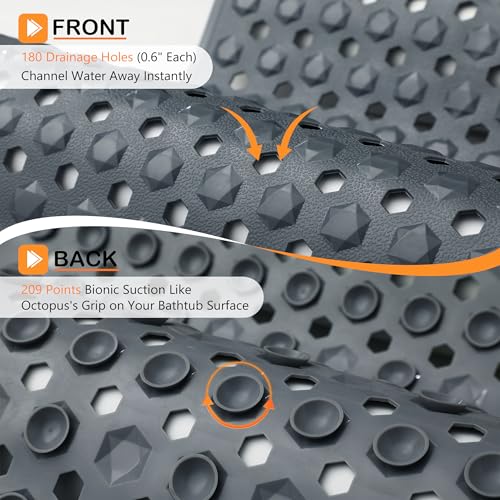 Yimobra Bathtub Mat Non Slip, 27.5"X15.5" Machine Washable Shower Floor Mat, Soft on Feet, Bathmat with Drain Holes and Suction Cups, Bathroom Essentials, Dark Grey - color: Dark Grey, size: 27.5 X 15.5 Inch