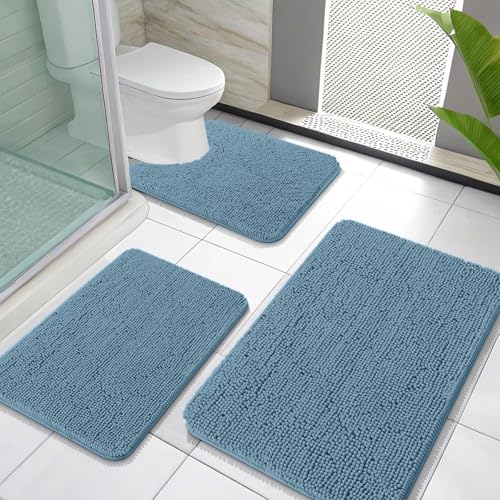 OLANLY Bathroom Rugs Sets 3 Piece, Soft Absorbent Chenille Bath Mats and U-Shaped Contour Toilet Rug, Quick Dry, Home Decor Accessories, Bath Mat Set for Bathroom (30"x20"+24"x16"+24"x20", Airy Blue) - color: Airy Blue, size: 30" X 20" + 24" X 16" + U24"