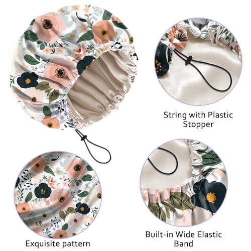 Luxury Shower Cap Silk Satin Lined Waterproof Reusable Adjustable Elastic Dry Hair Bathing Caps Cute for Women Girls-Flower - color: C-1-Flower