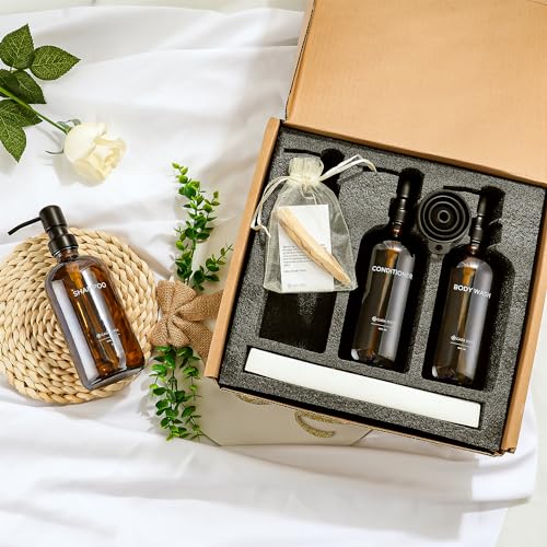 Amber Glass Shampoo and Conditioner Dispenser Set – Refillable 16 oz Pump Bottles with Concrete Tray – Luxury Bathroom Organization & Modern Shower Soap Dispensers - color: Amber Glass