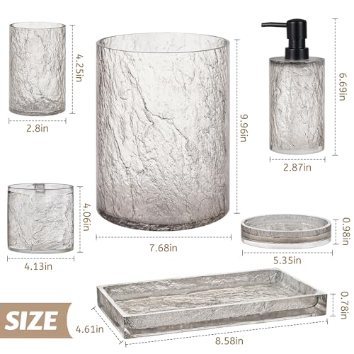 RQYIXI 6 PCS Resin Bathroom Accessories Set, Silver-Grey, Minimalist Luxury | Modern Elegance Shatterproof Bathroom Set Includes: Soap Dispenser,Toothbrush Holder,Tumbler,Soap Dish,Tray,Trash Can - size: 6pcs