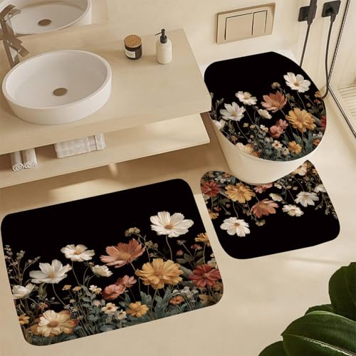 4Pcs Black Floral Shower Curtain Sets, Vintage Boho Flower Wildflower Botanical Bathroom Curtain with Non-Slip Rugs, Toilet Lid Cover Bath Mat and 12 Hooks, Home Decor 72" x 72" - color: Black