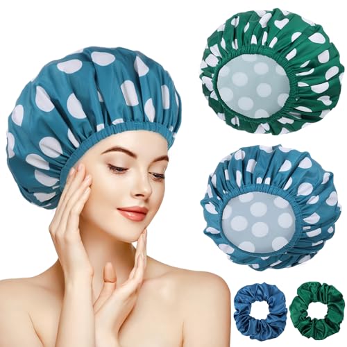 WSICSE 2 Packs Large Shower Caps for Women, Reusable Waterproof Shower Cap Bath Caps with Hair Scrunchies for Long Thick Hair (Blue/Green) - color: dark blue, dark green