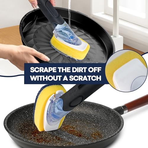 Dish Brush with Soap Dispenser Storage Set with 2 PCS Sponge Refills & Holder, Soap Dispensing Dish Brushes, Sponge with Soap Dispenser Handle, Dish Sponges with Handle for Dishes Pans Pots Sink - color: Black