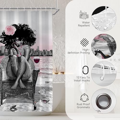 5Pcs Black Girly Bathroom Sets with Rugs and Wall Painting, Pink and Black African American Shower Curtain Set with Rugs, Parisian-Style Modern Wall Decor, Bathroom Shower Curtain and Rug Set - color: 5pcs Pink With Decor Painting