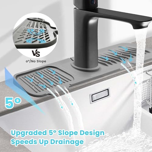 Daily Treasures 45 x 10 cm Splash Sink Guard,Narrow Rim Design Silicone Faucet Mat for Kitchen,5°Slope Water Catcher Mat,Tidy Mat for Kitchen Sink Bathroom Counter Sink Accessories(Grey)