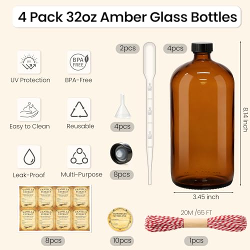 TBWIND 4 Pack 32oz Amber Glass Boston Round Bottles with Airtight Caps | Refillable Storage Bottles for Vanilla Extract, Kombucha, Cold Brew, Syrup & Oils with Droppers, Labels & Funnels - size: 32 oz